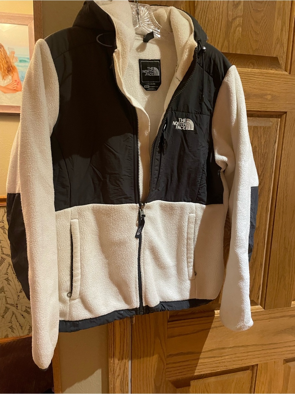The North Face Women's Cream and Black Teddy Fleece Hooded Jacket